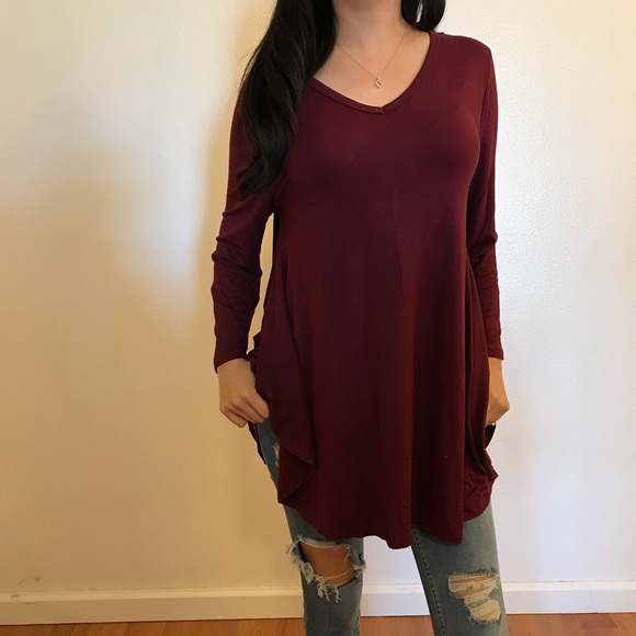 Tops - Burgundy V Neck Loose Top
